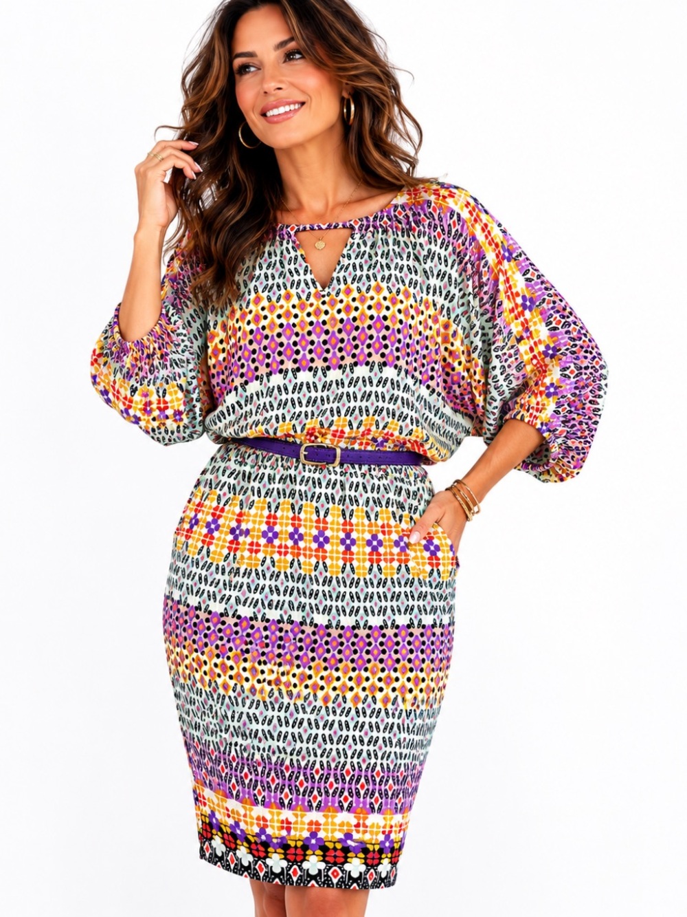 Nordstrom Multicolor Geometric Print Dress in Purple, Yellow, Black